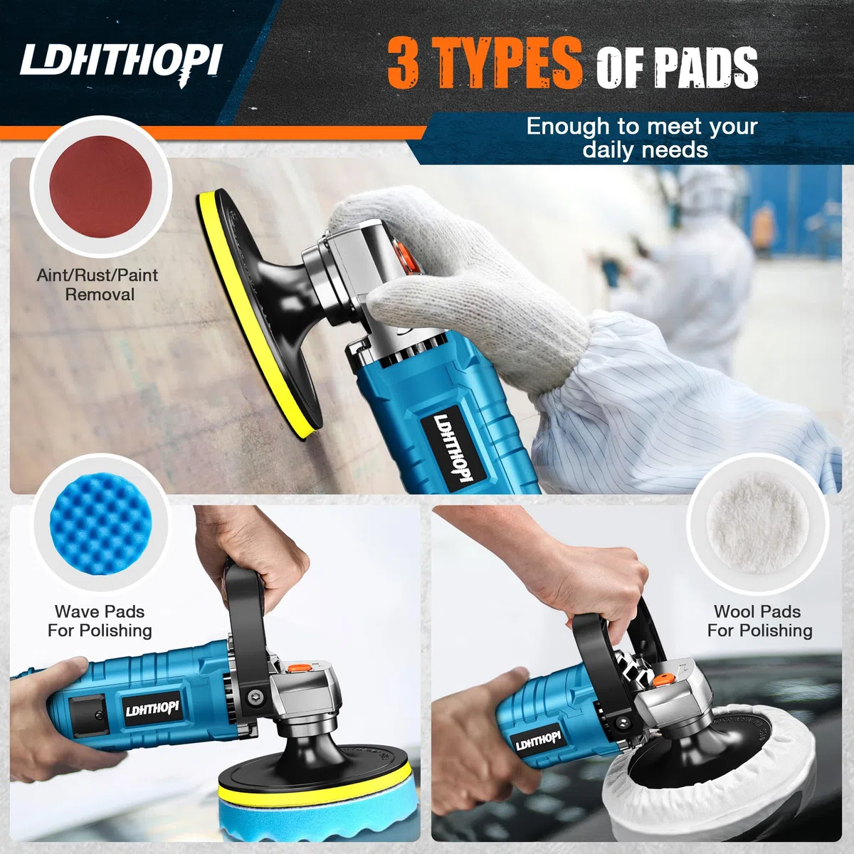 LDHTHOPI Polerka buforowa, 1600 W 7 cali/15 cm obrotowy polerka buforowa, 7 zmiennych prędkości 1000-3500 obr./min, zdejmowany uchwyt do samochodu, szlifowania, polerowania, woskowania