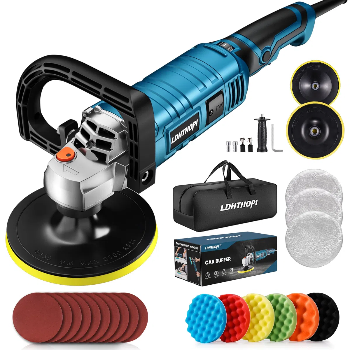LDHTHOPI Polerka buforowa, 1600 W 7 cali/15 cm obrotowy polerka buforowa, 7 zmiennych prędkości 1000-3500 obr./min, zdejmowany uchwyt do samochodu, szlifowania, polerowania, woskowania