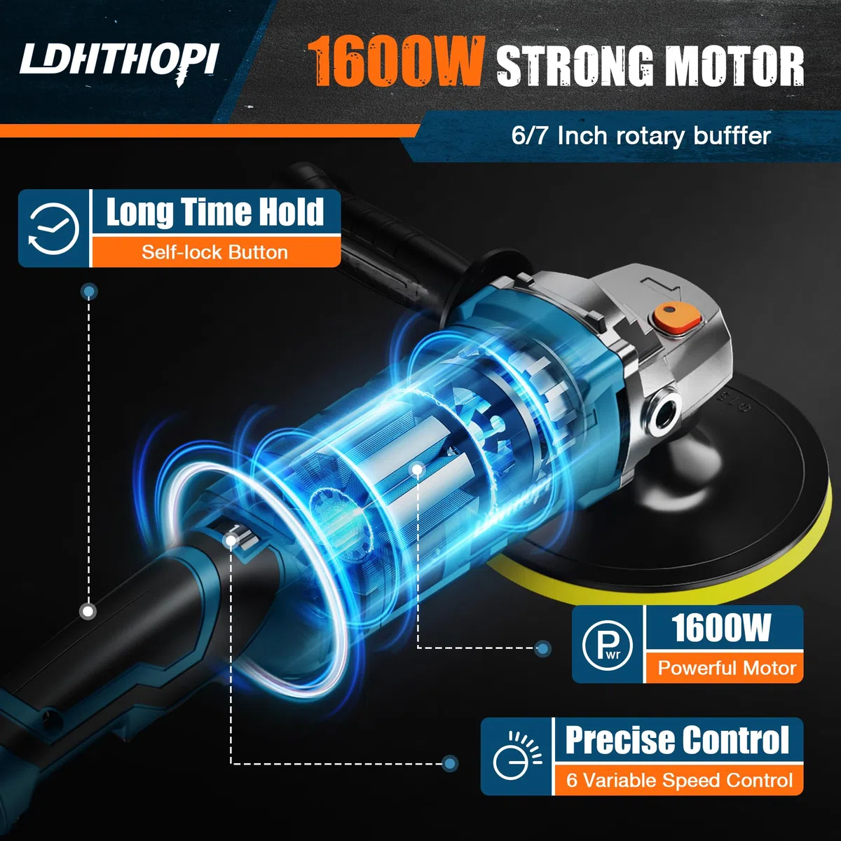 LDHTHOPI Polerka buforowa, 1600 W 7 cali/15 cm obrotowy polerka buforowa, 7 zmiennych prędkości 1000-3500 obr./min, zdejmowany uchwyt do samochodu, szlifowania, polerowania, woskowania