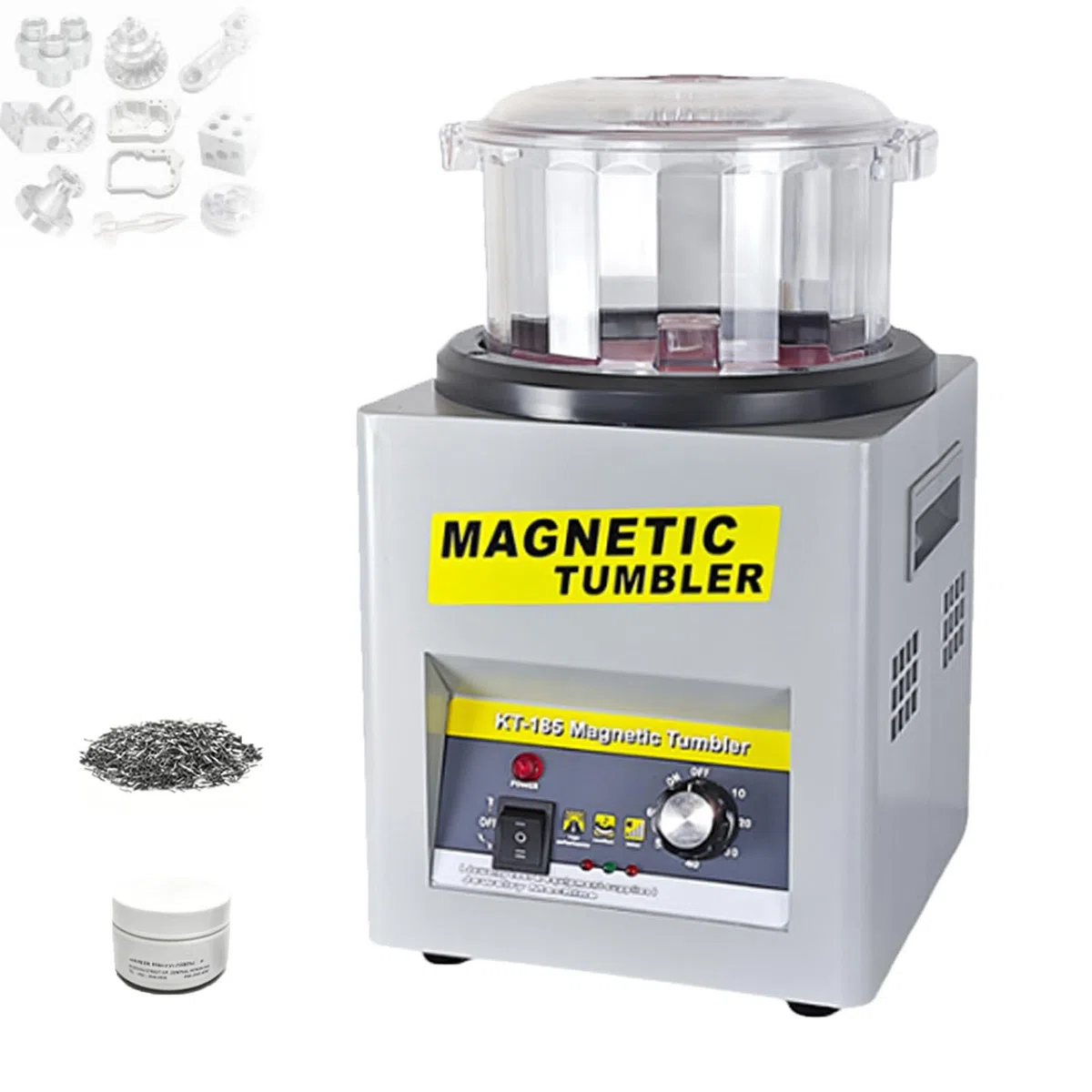 Magnetyczna polerka do biżuterii, beczka 180 mm, regulowany timer 1-60 min, zawiera 500 g magnetycznych pinów do wykańczania i polerowania biżuterii metalowej